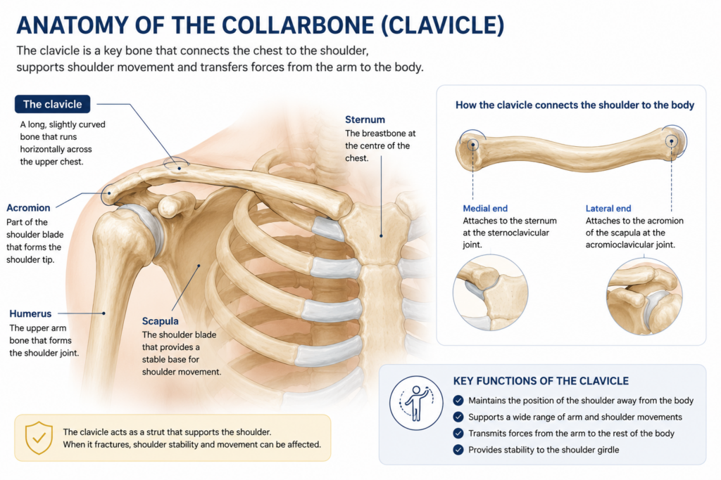 Medical illustration of clavicle anatomy showing the collarbone, sternum, scapula, acromion and humerus, highlighting the clavicle's role in shoulder support and movement.