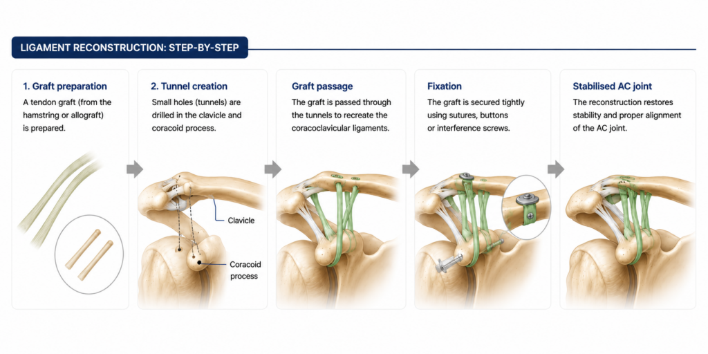 Step-by-step medical infographic illustrating AC joint ligament reconstruction surgery, showing graft preparation, tunnel creation in the clavicle and coracoid process, graft passage, fixation with surgical implants, and restoration of a stable acromioclavicular joint.