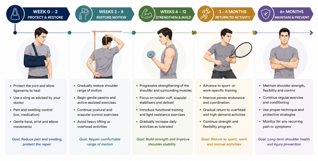 Recovery timeline infographic showing the stages of rehabilitation after an AC joint injury, from early protection and healing to restoring movement, strengthening the shoulder and returning to daily activities.